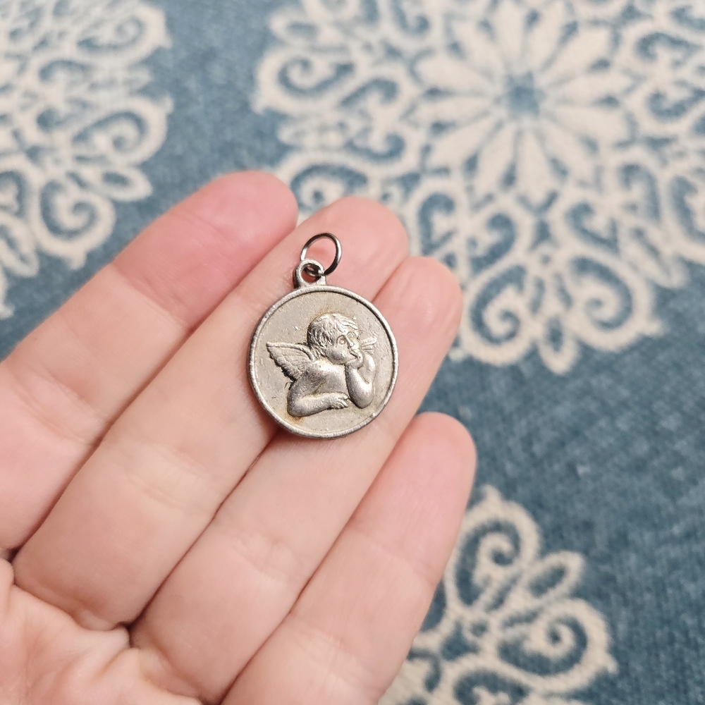 Vintage Silver Grey Angel Medallion Medal Coin Pendant